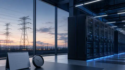 Generic editorial image of data center server racks beside electric transmission lines and a desk clock