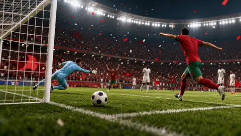 Generic soccer scene under stadium lights with red and white crowd colors after a goal