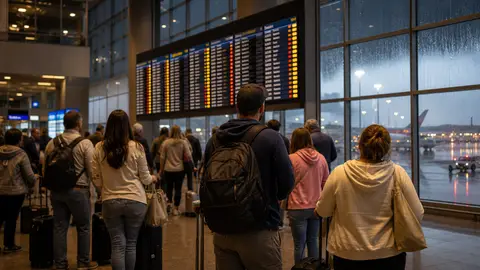 Holiday travelers in a busy airport terminal looking at a departure board during rainy weather