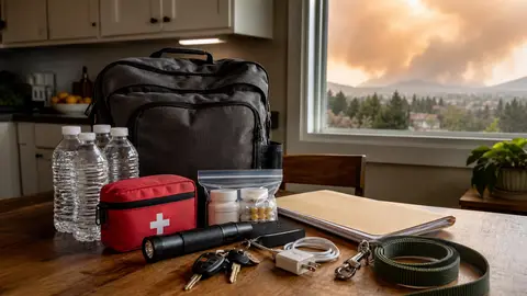 Wildfire evacuation go bag with water, medicine, documents, flashlight, charger, keys, and pet leash on a table