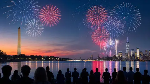 Generic editorial illustration of fireworks over Washington and New York skylines for America 250