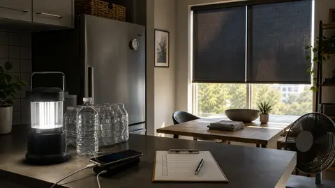 Battery lantern, bottled water, phone power bank and closed shades prepared for a summer power outage