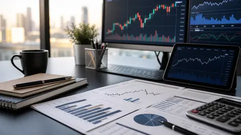 A trading desk with market charts, economic reports and a calculator in morning light