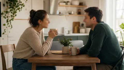Two adults sitting at a kitchen table during a calm relationship conversation