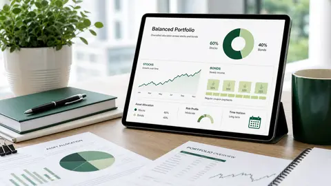 A tablet showing a balanced portfolio dashboard with stocks, bonds, and allocation charts on a desk