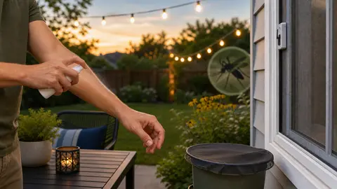 Generic editorial image of a person applying insect repellent near a screened window at dusk