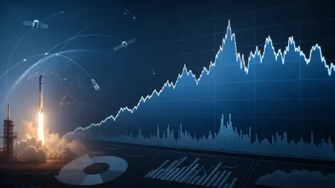 Editorial illustration of a rocket launch over a volatile stock chart and satellite network