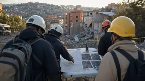 Emergency workers review maps and hazard reports near damaged hillside buildings after an earthquake
