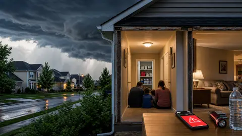 A family sheltering in an interior hallway as severe storm clouds approach outside