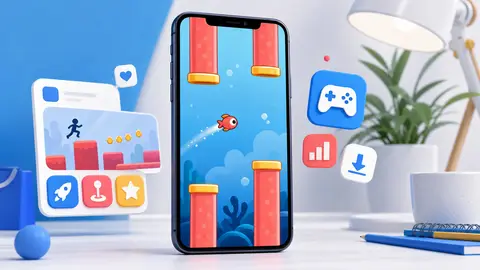 Editorial illustration of a one-tap arcade runner game on a smartphone