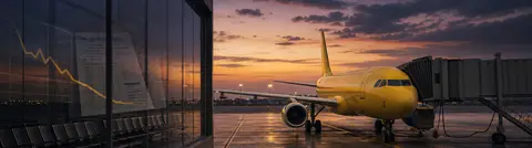 Editorial illustration of a generic low-cost airliner at an empty gate with financial charts reflected in terminal glass