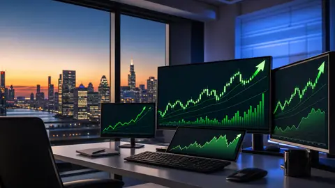 Generic editorial image of green market charts on trading monitors at dusk