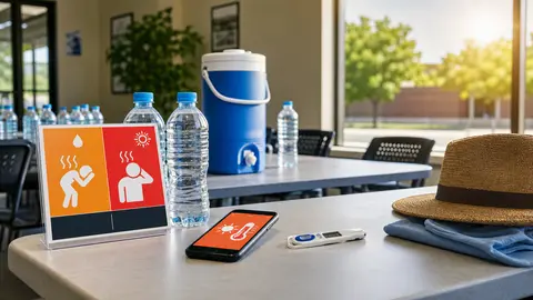 Generic cooling center table with water, a thermometer and heat safety icons
