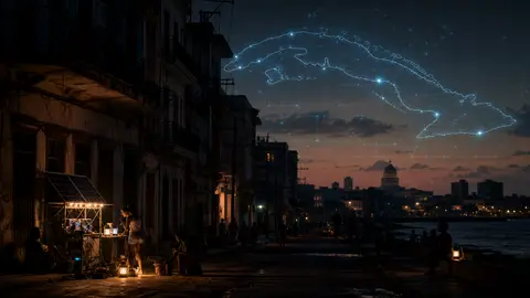 Generic editorial illustration of a dark Havana-style waterfront street with a Cuba grid map overlay during a power blackout