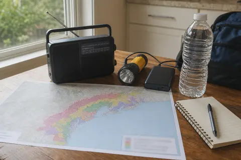 Hurricane preparedness supplies on a table with an unreadable coastal evacuation map