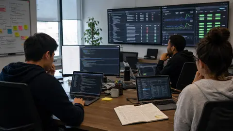 Software team reviewing code, test dashboards and deployment status screens in an engineering room