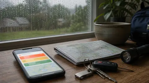 A phone with a blurred weather alert beside a map, keys and flashlight near a rain-streaked window