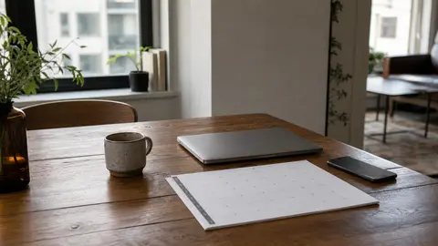 A quiet table with a laptop, calendar, coffee mug and phone in soft daylight