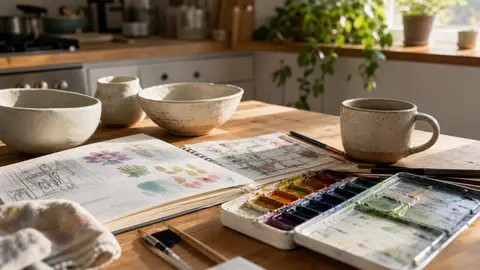 Beginner watercolor supplies and handmade pottery on a sunlit kitchen table