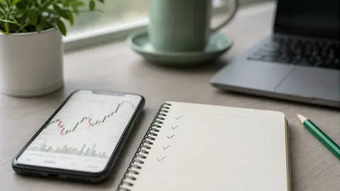 A phone with a blurred stock chart beside a notebook checklist and green pencil
