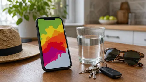 A phone showing abstract heat risk colors next to water and sunglasses on a kitchen table