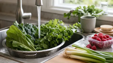 Fresh produce being rinsed under running water in a kitchen sink