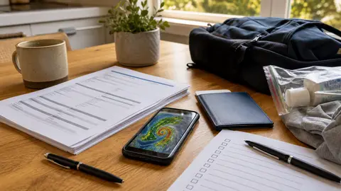 Travel documents, a weather radar image on a phone and a packed bag arranged on a table for hurricane-season planning
