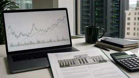 A desk with a laptop chart, a calculator, and printed Federal Reserve-style market documents
