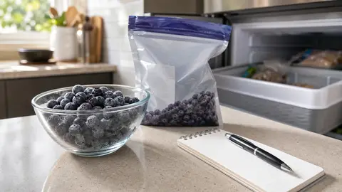 A bowl of frozen blueberries beside a generic freezer bag and checklist on a kitchen counter