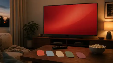 A warmly lit living room prepared for streaming, with a remote, popcorn and five colored viewing-choice cards on a coffee table.