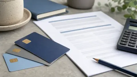 Generic payment cards, a calculator and an unreadable credit report arranged on a desk.