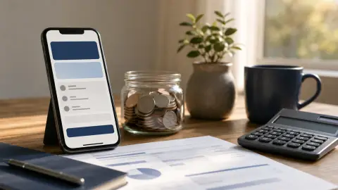 A phone, calculator and jar of coins arranged on a desk for comparing savings accounts.