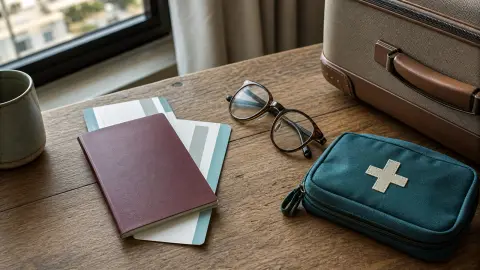 Travel documents, eyeglasses, a medical pouch and suitcase arranged before a trip.