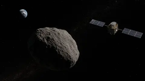 Editorial illustration of a robotic spacecraft observing a small asteroid with Earth in the distance
