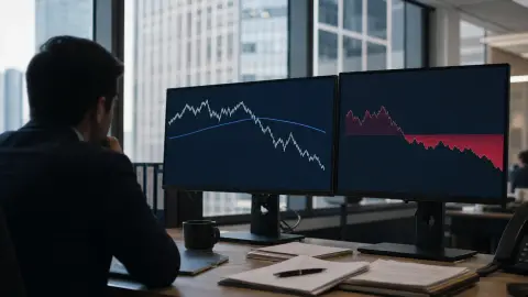 An analyst viewing market charts that show a price line falling below a long-term trend line