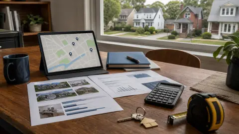 A real estate pricing desk with comparable property reports, a calculator and a neighborhood map