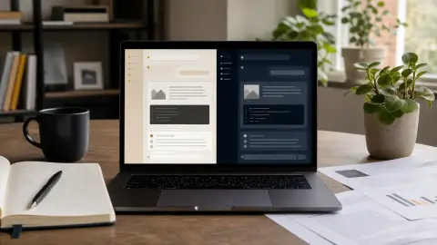 A laptop displaying two abstract AI workspaces side by side for comparison