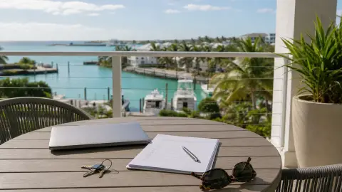 A property checklist, keys and laptop on a Bimini condo terrace overlooking turquoise water and a marina