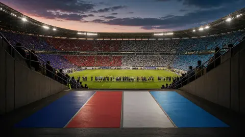 A generic soccer stadium at dusk with four colored pathways leading toward the field