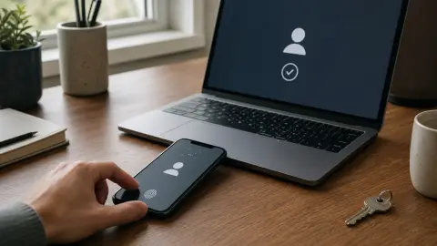 A phone and laptop showing generic sign-in symbols beside a physical key on a home-office desk