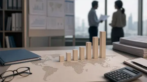 Rising wooden bars arranged over a dotted world map as public-health researchers review charts
