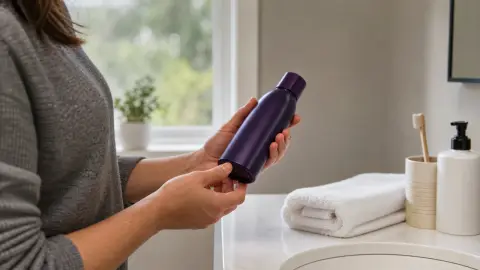 A person checking the bottom of a generic purple shampoo bottle in a bathroom