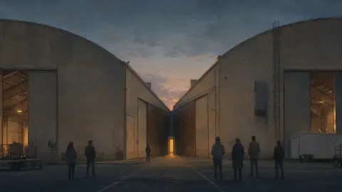 Editorial illustration of film workers facing two studio buildings that converge into one narrow entrance