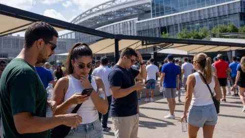 Soccer fans outside a modern stadium checking phones and carrying water on a hot summer day