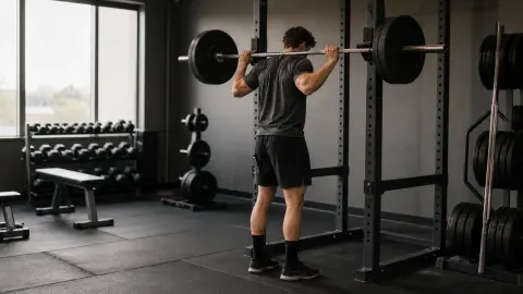 A gym member preparing to squat with a barbell in a power rack