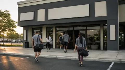 People carrying gym bags into a generic fitness center