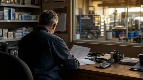A small-business owner reviewing financial statements at a desk overlooking a workshop