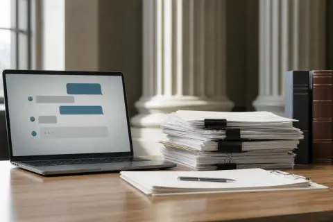 A laptop with abstract chat bubbles beside a stack of legal documents in a restrained newsroom illustration.
