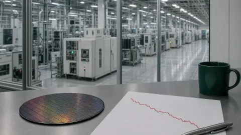 A silicon wafer and a falling red market chart on a desk overlooking a semiconductor factory