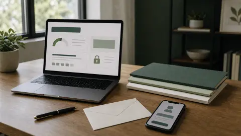 Laptop with a generic credit dashboard beside a phone, paper folders and an envelope on a home-office desk